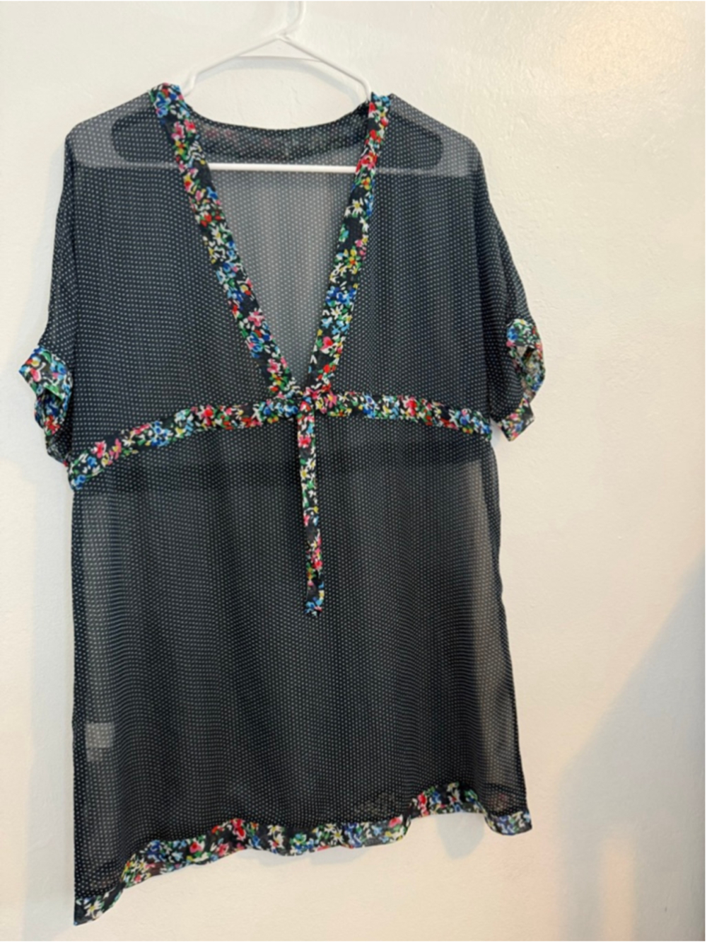 Anne Cole Blue Floral Polka Dot Swim Coverup M, sheer, drawstring waist.